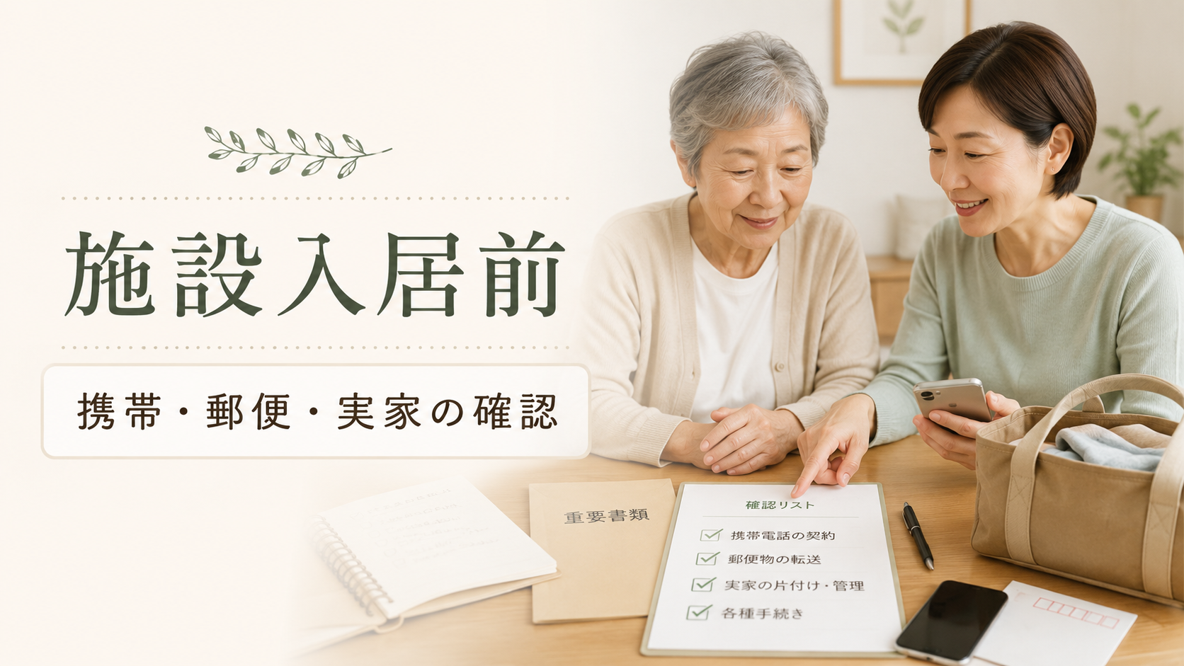 親の施設入居前に家族が契約書や郵便物を確認しているイメージ