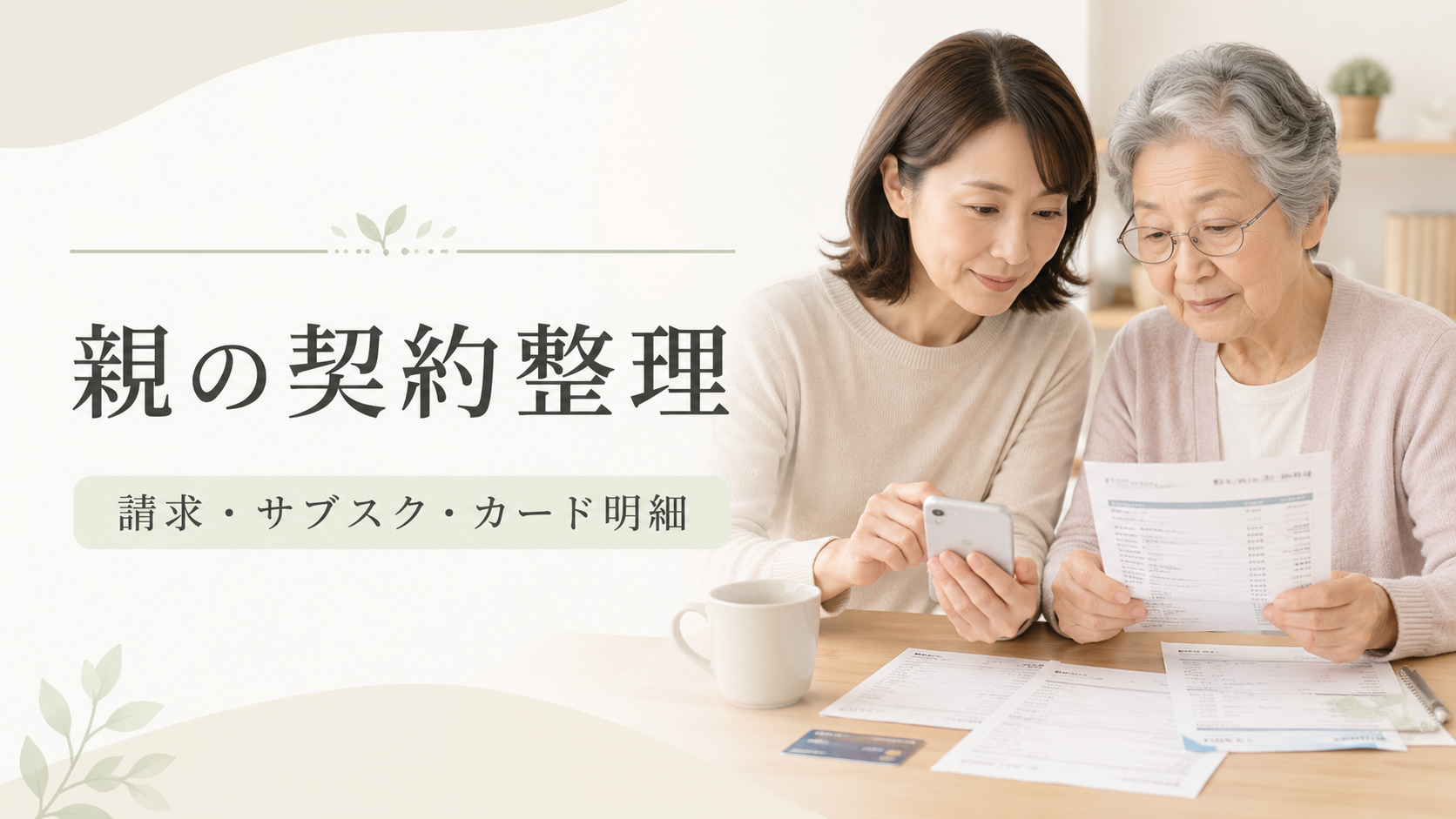 高齢の親の契約書やスマホ請求を家族が確認しているイメージ